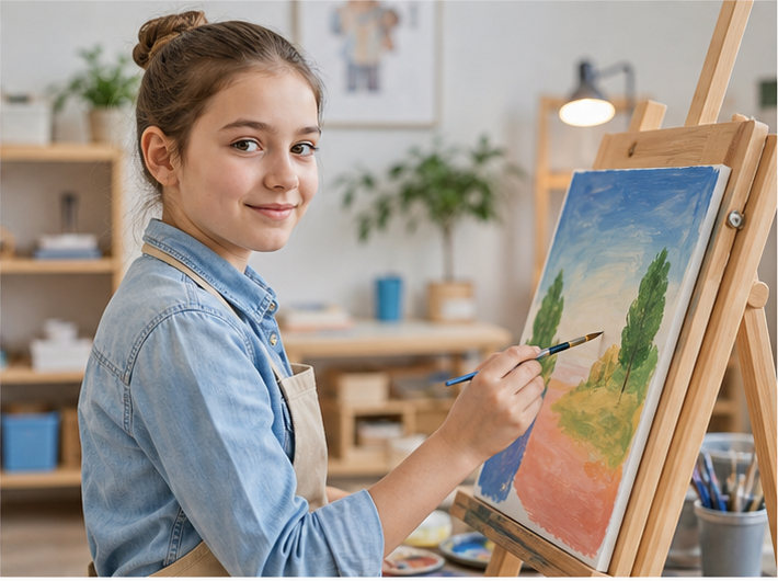 Девочка рисует на мольберте